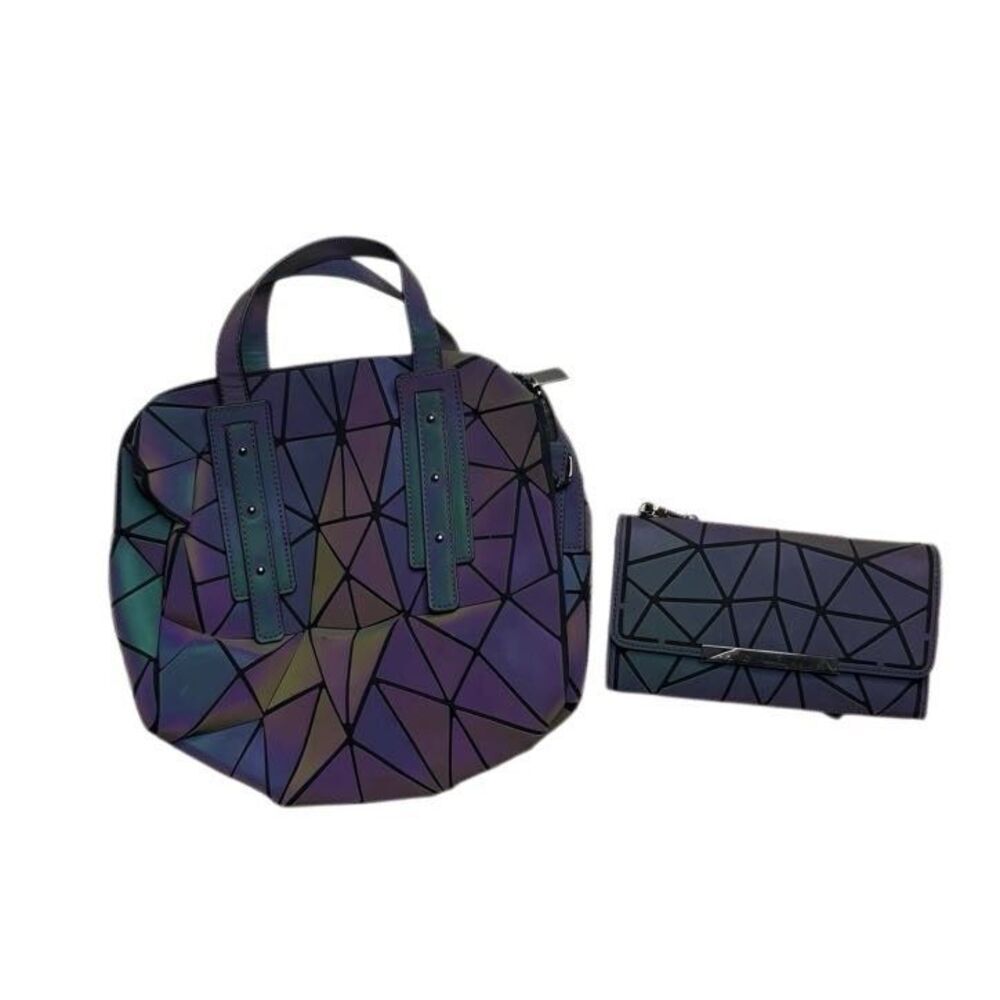 LOVEVOOK Women’s Black Purple Geometric Chameleon Colored Handbag and Trifold Wa